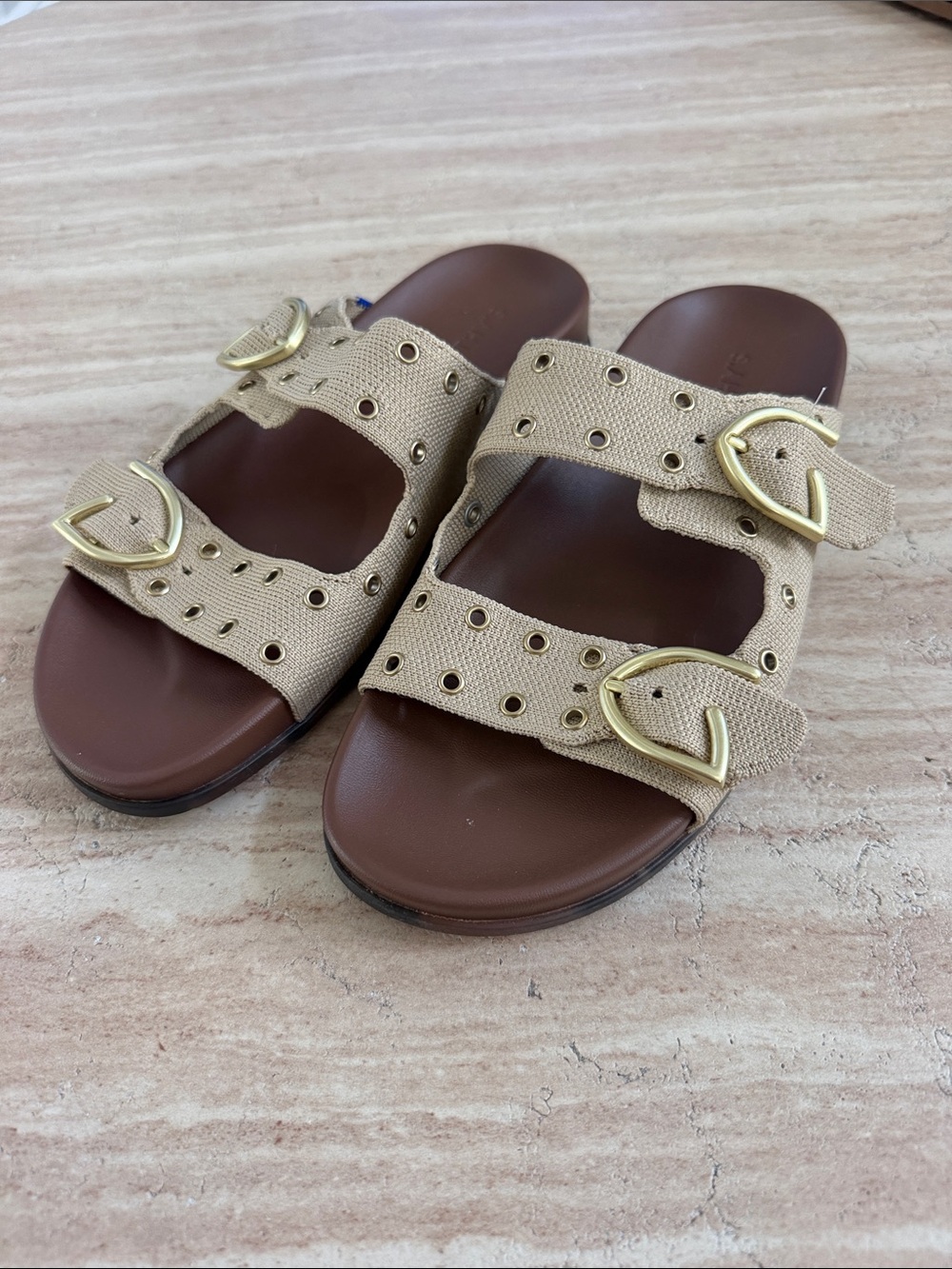 Rothy's Beige Double-Strap Sandals with Gold Buckles